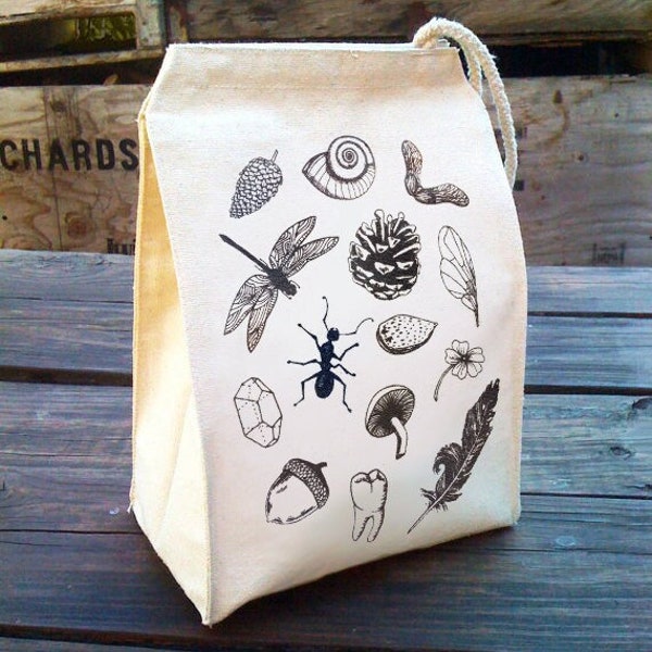 Lunch Bag, Nature Lunch Bags Sack forest dragonfly crystal mushroom ant insect wing feather Recycled Cotton Canvas snack bag rope Handle
