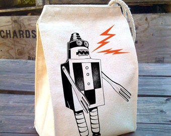 Robot Lunch Bag, Kids lunch bags, Lunch box, Eco Friendly Lunch sack, School Lunch, Cotton Canvas bag, Back to school cloth lunch bag