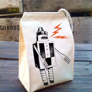 Robot Lunch Bag, Kids lunch bags, Lunch box, Eco Friendly Lunch sack, School Lunch, Cotton Canvas bag, Back to school cloth lunch bag