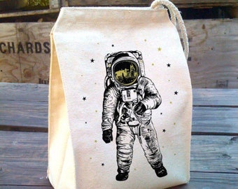 Space Kid School Lunch Bag, Astronaut Lunch Box, Man on the moon, Camp Lunch Box, Cotton Canvas washable reusable lunch