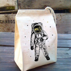 Space Kid School Lunch Bag, Astronaut Lunch Box, Man on the moon, Camp Lunch Box, Cotton Canvas washable reusable lunch image 1