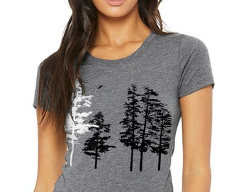 Women's Evergreen Tree T-Shirt, Hemlock Forest Wilderness Shirt, Grey Tree Tee Nature Shirt