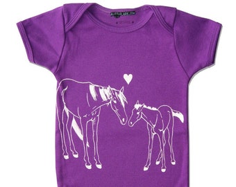 Horse Onesie, HORSE and Foal, Organic Baby Clothes, Violet Purple baby clothes, baby bodysuit, organic baby shower gift, horse lover