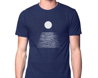 Blue Men's Moon Moonlight Graphic T- Shirt, Moonrise over water, Moon Tee Shirt, Gift for Him