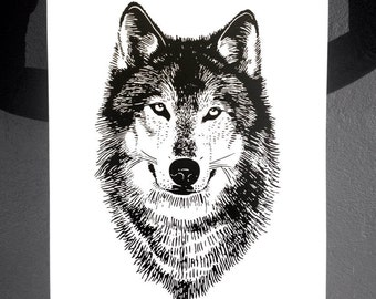 Wolf Art Print, WOLF Poster, handprint wolf silkscreen, nature wall art, home decor, animal graphic woodland Nature print, werewolf wolves