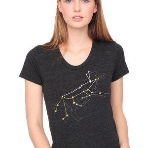 May include: A dark grey t-shirt with a constellation design of a wolf in yellow and white. The wolf is outlined in white and the stars are yellow.
