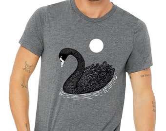 Unisex Black Swan Bird with Moon Sun Over Water Graphic Tee Shirt in Heather Grey, Men's Unique Hand Screen-Printed T-Shirt Love Bird