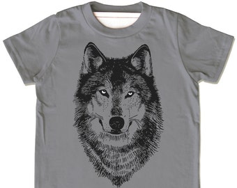 Wolf Shirt For Children, Kids Clothing, Wolf Tee, Wolf Clothing, Woodland Animal Graphic Tee Shirt, Hand Printed Tshirt, Gift For Toddler