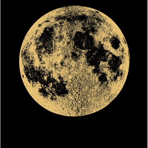 May include: A gold-colored image of the moon against a black background. The moon's surface is detailed with craters and other features.