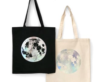Hologram Full Moon Tote Bag: Celestial Cotton Shopping Bag