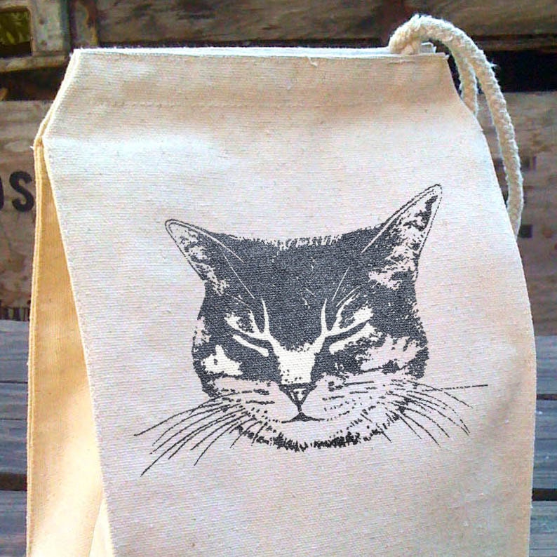 Best Kid Lunch Bag Cat Design, Reusable Canvas lunch box, Animal Lover Recycled Cotton Canvas, Kitty Snack Bag, washable lunch bag image 2