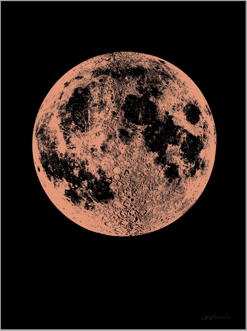 May include: A close-up of a full moon in a peachy-orange color against a black background. The moon's surface is detailed with craters and shadows.