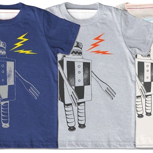 Indigo Build a Robot t-shirt, short sleeve shirt, chidren kids sizes, chose from gray or organic cream, original screenprint, sci-fi sparks image 2