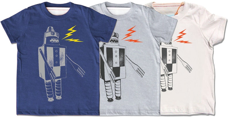 Indigo Build a Robot t-shirt, short sleeve shirt, chidren kids sizes, chose from gray or organic cream, original screenprint, sci-fi sparks image 2