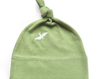 Organic Natural Cotton Knotted Baby Hat | Green Unisex Bird Design | Gender Neutral Baby Gift