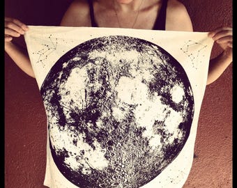 Bandana Luna Llena Algodón Negro: Estampado Serigrafiado Constelaciones y Estrellas