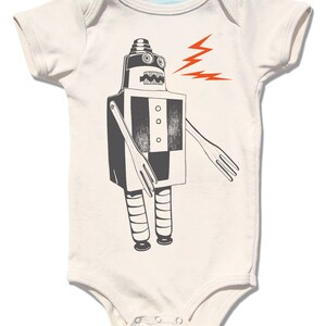 Organic Build a Robot baby bodysuit rad robotic geeky nerdy short sleeve natural kids infant original screen print design sci-fi sparks