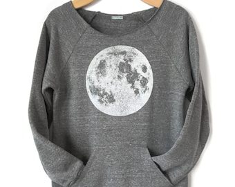 Women&#39;s Moon Sweatshirt, Full Moon Raglan, off the shoulder Moon Sweatshirt with Kangaroo pocket, Full Moon shirt, Boho Chic Yoga Clothes