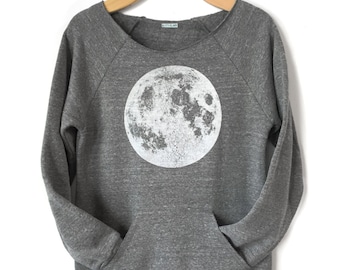 Women's Moon Sweatshirt, Full Moon Raglan, off the shoulder Moon Sweatshirt with Kangaroo pocket, Full Moon shirt, Boho Chic Yoga Clothes