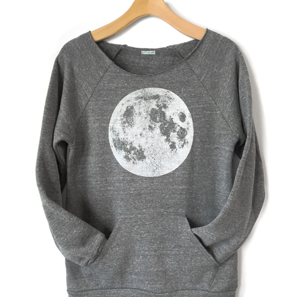 Women's Moon Sweatshirt, Full Moon Raglan, off the shoulder Moon Sweatshirt with Kangaroo pocket, Full Moon shirt, Boho Chic Yoga Clothes