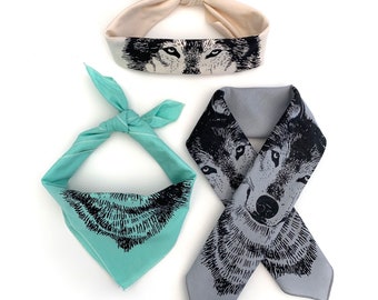 Wolf Bandana, Dog Bandana, Bandana face mask, bandana bib, womens bandana, mens bandana, wolf head scarf, wolf gift, wolf scarf