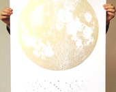 2014 Moon Phases Calendar, 22x30 large screenprint, silver gold or grey print on black, luna lunar wall art, space, stars