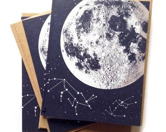 Moon card, moon cards, Single A2 size Moon Stars Greeting Cards, blank inside, original lunar constellation animal design, recycled paper