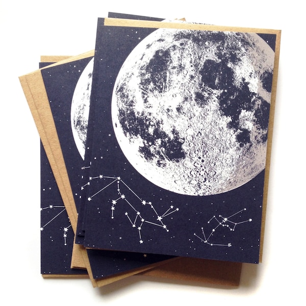 Moon card, moon cards, Single A2 size Moon Stars Greeting Cards, blank inside, original lunar constellation animal design, recycled paper