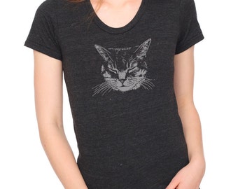 Women's Black Cat Shirt, heather black, short sleeve shirt, perfect gift for her, cute sleeping kitty design