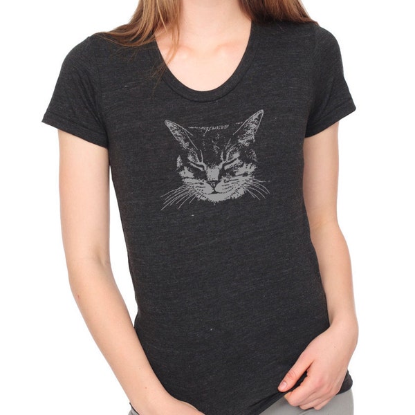 Women's Black Cat Shirt, heather black, short sleeve shirt, perfect gift for her, cute sleeping kitty design