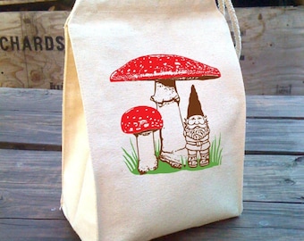 Mushroom Garden Gnome Lunch Bag | Red Toadstool School Lunch | Recycled Cotton Canvas Snack Sack
