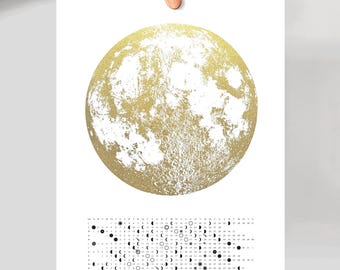 2026 Moon Phase Calendar | 2026 Lunar Calendar | Single Page Moon Calendar | Moon Poster Wall Calendar | Silver Gold Moon Art Print