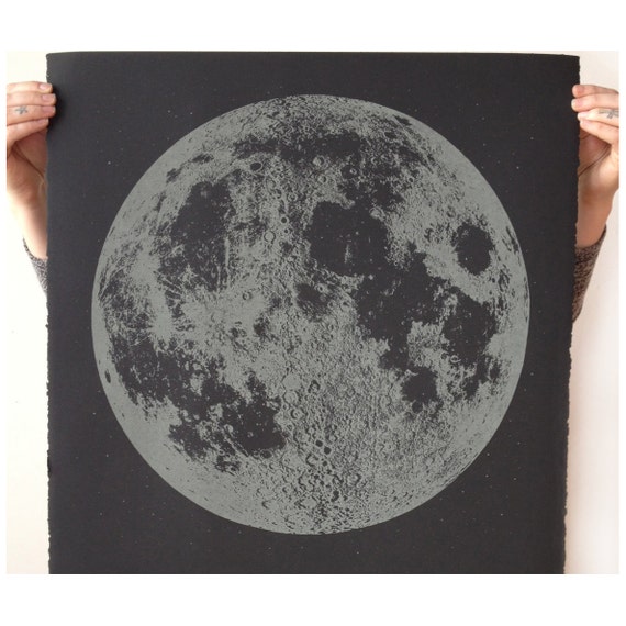 Glow in the Dark Moon Print, Large Moon Print, Moon Art, Lunar Artwork,  Handprinted Wall Art, Space Art, Home Decor, Nursery Decor, Bohemian 