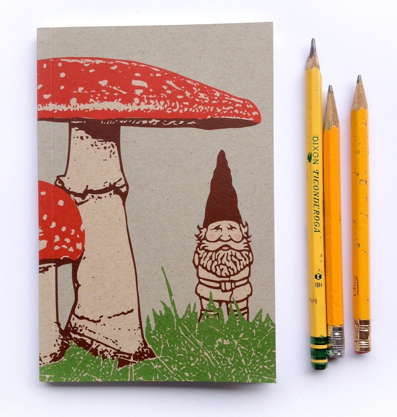 Small Journal, Blank Notebook, Artist Sketchbook, Gnome Journal, small blank sketch pocket book, Woodland garden gnomes gift, recycled paper image 4