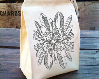 Kids Crystal Lunch Bag, Crystal lover gift, Unique Lunch box, Crystals bag, Kids Canvas lunch tote, Kid Lunch Box with silver glitter ink