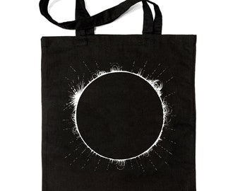 Total Solar Eclipse Tote Bag, Black Handbag Book Bag, Space Moon Lover Gift, April 8th Eclipse, Handprint in Portland Oregon by Little Lark