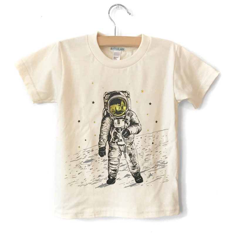 Astronaut Shirt, Organic Clothing, Kids moon t-shirt, Space t-shirt, Cool kid Tshirt, space graphic tee, gold foil stars, hip boy clothes image 2