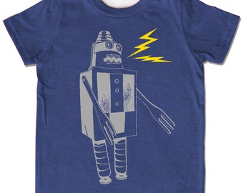 Indigo Build a Robot t-shirt, short sleeve shirt, chidren kids sizes, chose from gray or organic cream, original screenprint, sci-fi sparks