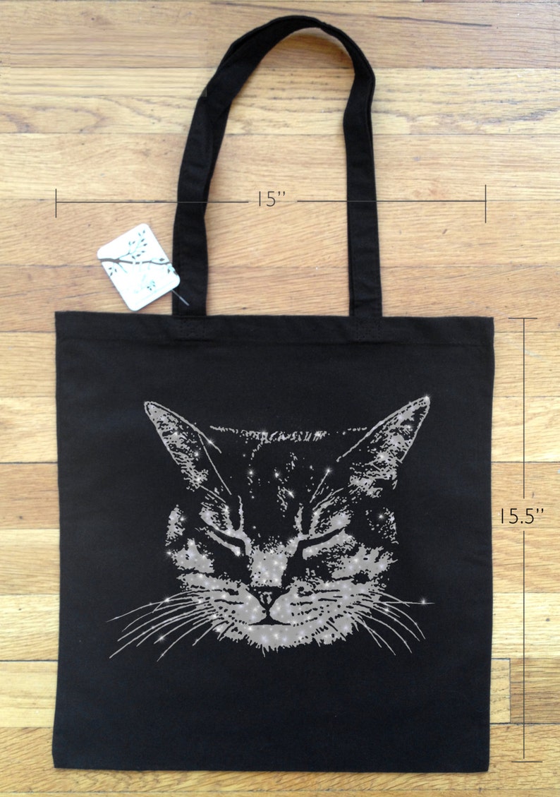 Glitter Cat tote bag, Silver Gold Cat Black Tote bag, Cat gift tote, Meow Cat tote with metallic glitter ink, gift for crazy cat lady image 4