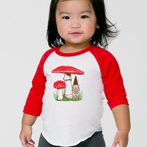 Kid's Gnome Mushroom raglan shirt, red and white long sleeve, spring summer woodland design, infant toddler children t-shirt image 3
