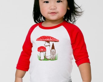 Kid's Gnome Mushroom raglan shirt, Amanita Muscaria Shirt, red mushroom tee, Fly Agaric Shirt