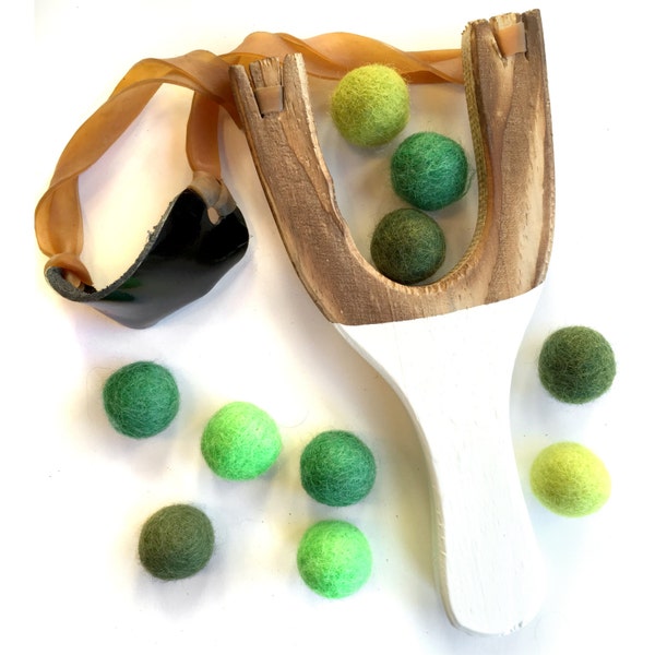 Natural Wooden Slingshot toy, 10 green wool felt balls ammo, classic kids toys, hand painted slingshot, unique gift for boys and girls