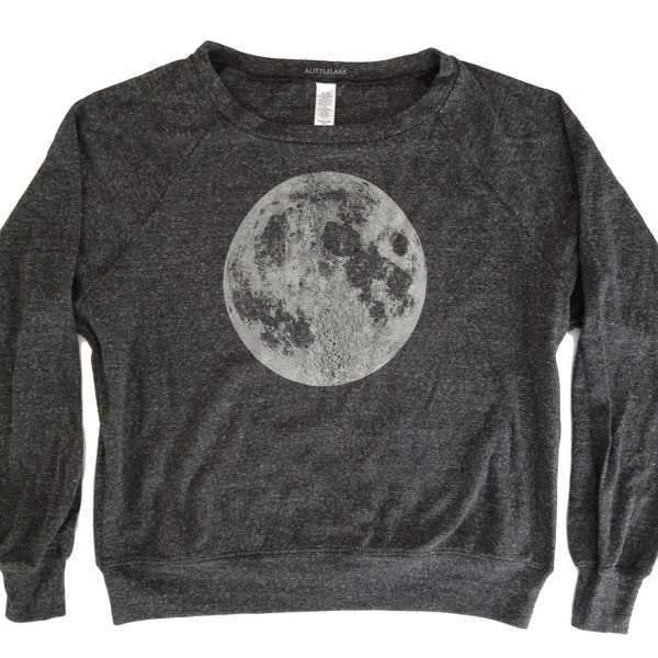 Full Moon black raglan for women, grey sweatshirt on heather black screenprint cozy tri-blend fabric shirt ultra soft garment original art.