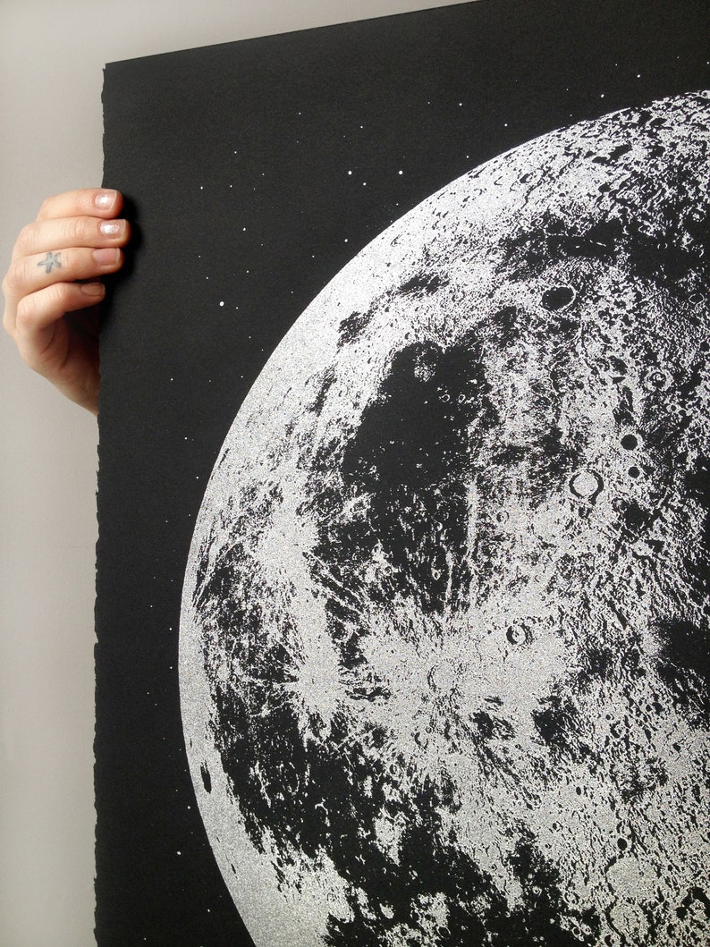 May include: A black and silver print of the moon with craters and other surface details. The moon is depicted against a black background with small white stars.
