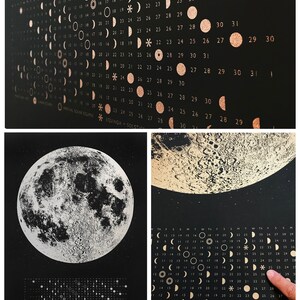 May include: A black and gold poster with a calendar of the moon phases for the year. The poster features a large, detailed image of the full moon in the top left corner. The calendar is divided into months, with each day marked with a small circle representing the moon's phase. The poster also includes text indicating the dates of the equinox and solstice.