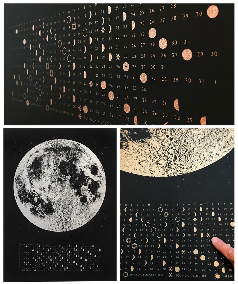 May include: A black and gold poster with a calendar of the moon phases for the year. The poster features a large, detailed image of the full moon in the top left corner. The calendar is divided into months, with each day marked with a small circle representing the moon's phase. The poster also includes text indicating the dates of the equinox and solstice.