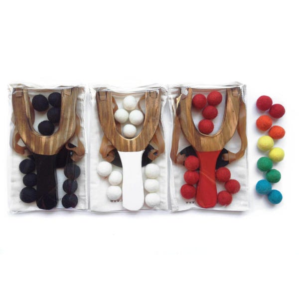 Wooden Toy Slingshot with Wool Felt Balls, Rainbow Colors