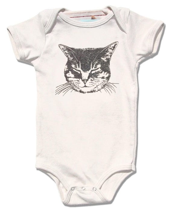 Organic Cat Onesie Cotton Baby Bodysuit Sleeping Kitty, Sparkle Silver  Ink