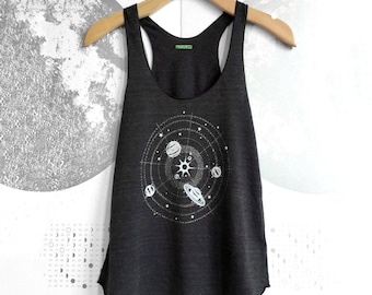 Womens Solar System Tank Top: Silver Glow in Dark Space Shirt