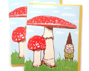 Box of 6 Blank Gnome Cards, Red Mushrooms Cards, blank inside, cute original woodland design, made in Portland Oregon with recycled paper